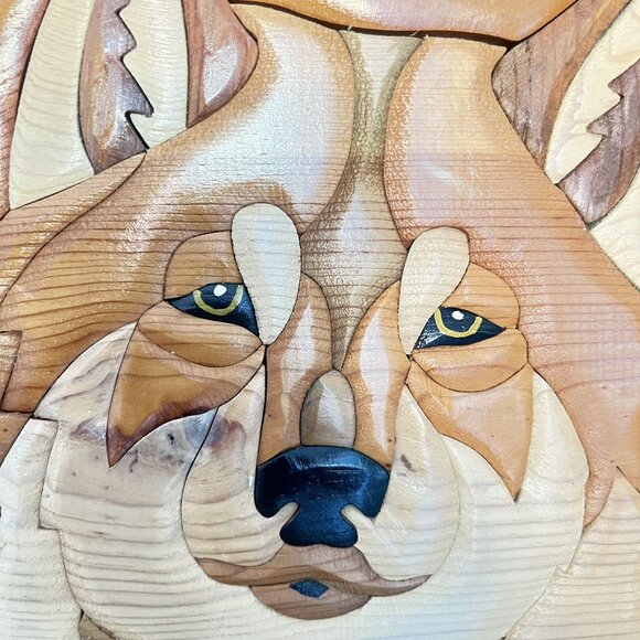 Handcrafted Wooden Wolf Wall Art Intricate Intarsia Design Natural Wood Tones Ru - Picture 2 of 6